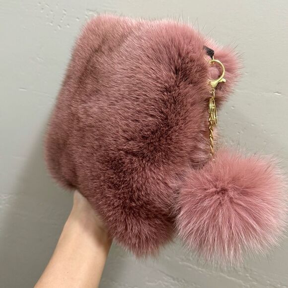 Dusty Rose Premium Real Fox Fur Wristlet/Phone Pouch/Crossbody & Fur Ball Charm - Picture 9 of 14